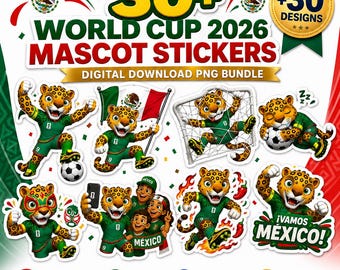 Paquete de pegatinas PNG de la mascota de México para el Mundial 2026, imágenes prediseñadas de Jaguar de fútbol (descarga digital)