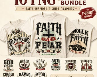 Faith Inspired PNG T-Shirt Bundle, Christian Cross Graphics, Blessed Designs (Sublimation Clipart)