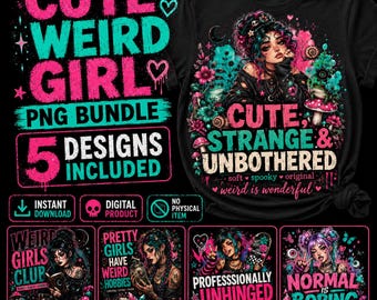 Gothic Girl PNG Bundle, 5 Alternative Art Designs, Spooky T-Shirt Sublimation (Digital Download)