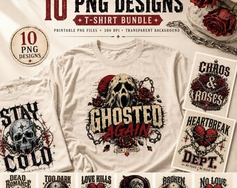 Gothic Skull Rose T-Shirt Bundle, Dark Romantic Grunge Apparel, Sublimation Clipart