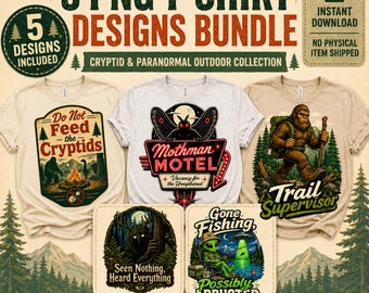 Pacote com 5 estampas de criptídeos em PNG para camisetas, gráficos paranormais para atividades ao ar livre (download digital)