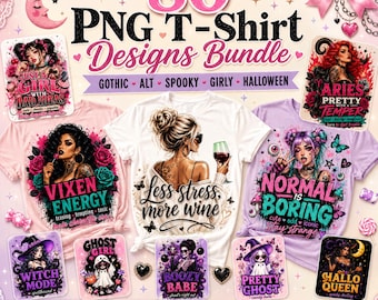 Gothic Girl PNG Bundle, 80 Spooky Halloween T-Shirt Designs, Dark Feminine Sublimation Clipart