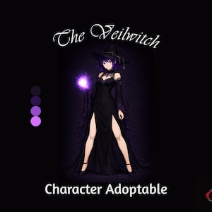 May include: Digital art of a character named "The Veilwitch" in a black dress and witch hat, holding a glowing purple orb. The words "Character Adoptable" are at the bottom, with a color palette on the left and a logo on the right.