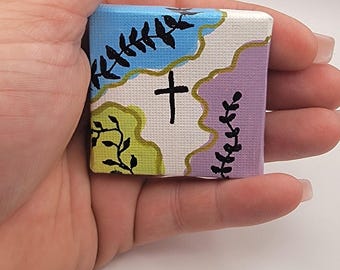 Imán de lienzo pintado a mano con arte de cruz