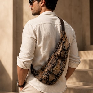 Python Leather Sling Bag Men, Each Pattern Tells Its Own Story, Python Leather Crossbody Bag Men Luxury Chest Travel Bag & Everyday Carry