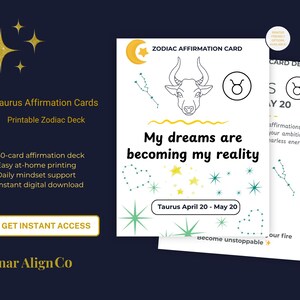 Könnte beinhalten: Ausdruckbare Tarotkarten für den Stier. Die weiße Karte zeigt eine Stier-Illustration, Sternbilder und den Text "Meine Träume werden Realität". Die Karte enthält auch den Text "Taurus April 20 - May 20."