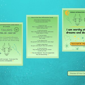 Puede incluir: Tres tarjetas de afirmación con fondo verde. Las tarjetas presentan el símbolo del zodiaco Tauro, ilustraciones y texto. Una tarjeta dice "Soy digno de mis sueños y deseos". Otra tarjeta detalla cómo usar las tarjetas.