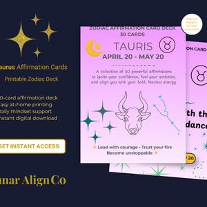 Könnte beinhalten: Digitale Taurus-Affirmationskarten. Die rosa Karten zeigen eine Stier-Illustration und Sterne. Das Deck enthält 30 Karten mit Affirmationen, um Selbstvertrauen und Ehrgeiz zu wecken. Text: 'Taurus, 20. April - 20. Mai'.