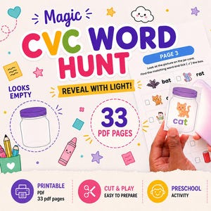 Op de afbeelding: Een printbare Magic CVC Word Hunt activiteitenset met 33 PDF-pagina's. Het educatieve spel bevat een werkblad met woordzoektaken en een kaart met een kat in een pot, die met licht wordt beschenen om verborgen tekst te onthullen.