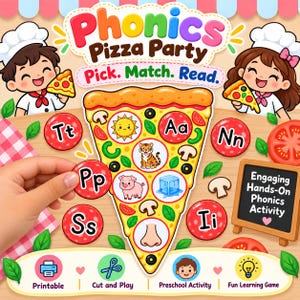 Può includere: Un set educativo Phonics Pizza Party con una grande fetta di pizza decorata con cerchi di lettere e immagini, personaggi con cappelli da chef, il testo Pick. Match. Read. e una lavagnetta con Engaging Hands-On Phonics Activity.