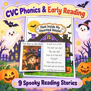 Puede incluir: Un recurso educativo CVC Phonics & Early Reading con un folleto titulado Peek Inside My Haunted House. El folleto abierto muestra la historia The Bat in the Hut con texto y una ilustración de un niño con un sombrero de bruja.