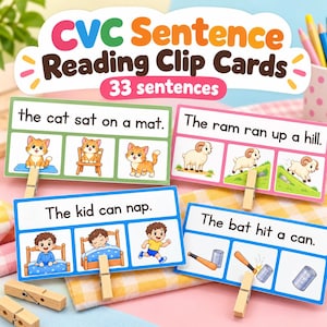 May include: CVC Sentence Reading Clip Cards set with 33 sentences. Four rectangular cards feature illustrations of cats, a ram, a child, and a bat hitting a can, each with a corresponding sentence and wooden clothespins attached to the bottom.