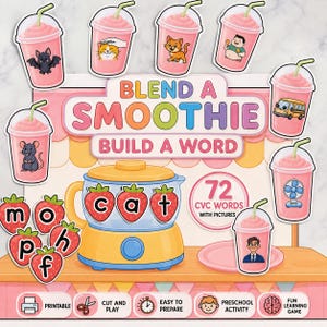 May include: A Blend a Smoothie Build a Word educational game set featuring a yellow blender graphic with strawberry letter tiles spelling cat, surrounded by pink smoothie cup cutouts with various illustrations and 72 CVC words with pictures.