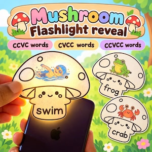 Puede incluir: Un set educativo Mushroom Flashlight reveal con tres tarjetas en forma de hongo con las palabras swim, frog y crab. Una tarjeta está iluminada por la luz de un teléfono inteligente, revelando un gráfico de un nadador. Etiquetas CCVC, CVCC y CCVCC.