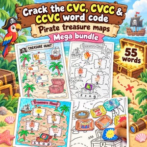 May include: A pirate-themed educational bundle featuring printable treasure map worksheets for CVC, CVCC, and CCVC word practice. The set includes colorful illustrations of parrots, ships, and treasure chests with the text Crack the CVC, CVCC & CCVC word code Pirate treasure maps Mega bundle 55 words.
