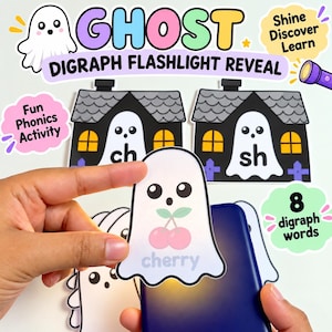 Puede incluir: Un conjunto de actividades fonéticas Ghost Digraph Flashlight Reveal con recortes de papel de casas encantadas y fantasmas. Un recorte de fantasma muestra una ilustración de cereza y la palabra cherry. El texto incluye Ghost Digraph Flashlight Reveal, Shine Discover Learn, Fun Phonics Activity y 8 digraph words.