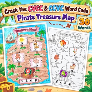 Può includere: Set di schede didattiche intitolato Crack the CVCC & CCVC Word Code Pirate Treasure Map con 30 parole. Include una versione a colori e una in bianco e nero con illustrazioni di una nave, palme, animali e uno scrigno del tesoro.
