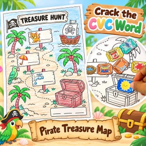 May include: A colourful Treasure Hunt worksheet featuring a pirate theme with palm trees, a ship, a parrot, and a treasure chest. The page includes blank spaces for CVC words, a wooden sign reading Crack the CVC Word, and a circular inset showing game pieces.