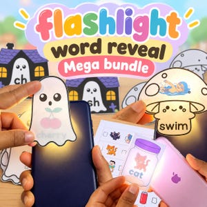 Può includere: Un set educativo di rivelazione di parole con torcia che include ritagli di carta di fantasmi, funghi e barattoli con parole come cherry, swim e cat, illuminati dalle luci degli smartphone per rivelare immagini e testi nascosti per imparare.