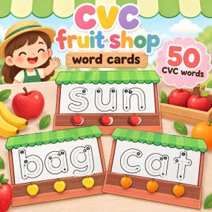 May include: Educational CVC fruit shop word cards featuring 50 CVC words. The set includes illustrated cards with the words sun, bag, and cat, showing letter tracing paths with numbered arrows, alongside colorful fruit graphics and a cartoon character.