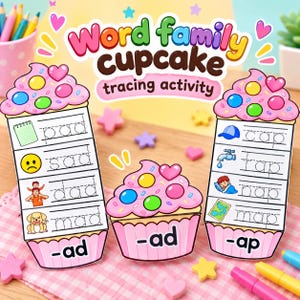 Pode incluir: Um conjunto de atividades de traçado de famílias de palavras em forma de cupcakes, com cobertura rosa e granulado colorido. Os cartões exibem palavras pontilhadas para traçar, incluindo pad, sad, dad, mad, cap, tap, nap e map, com ilustrações.