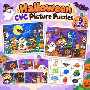 Puede incluir: Un conjunto de rompecabezas de imágenes CVC de Halloween que incluye dos rompecabezas de cuadrícula grandes y varias tarjetas pequeñas. Los gráficos incluyen fantasmas, brujas, calabazas, murciélagos y gatos con etiquetas de texto como van, tap, peg, gem, kid, fin, hot, pod, mud, cat, map, bat, cap, fan, jam, hat, bag y pan.