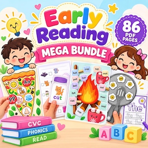 Puede incluir: Un conjunto educativo Early Reading Mega Bundle con 86 páginas PDF. El gráfico colorido incluye un niño y una niña, una hoja de ejercicios de pizza, una tarjeta de gato en un frasco, una actividad de fogata, una sartén con huevos y tres libros.