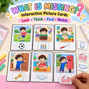May include: A set of What Is Missing? Interactive Picture Cards featuring illustrations of a child in various scenarios. Each card includes a blank space for matching smaller cards depicting objects like a soccer ball, candles, knife, key, plate, and envelope.