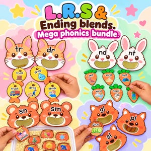 May include: An educational phonics activity set featuring animal-shaped cutouts with letter blends like tr, dr, nd, nt, sn, sm, gl, pl, and sl. The set includes fish, carrot, and acorn-shaped cards with illustrations and words for practice.