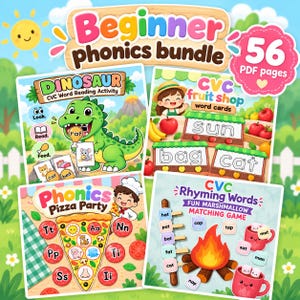 May include: A digital educational resource titled Beginner phonics bundle with 56 PDF pages. It features four colorful activity sheets including a dinosaur CVC word reading activity, a CVC fruit shop, a Phonics pizza party, and a marshmallow rhyming game.