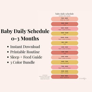 Può includere: Un programma giornaliero per neonati da 0 a 3 mesi, con uno schema di colori rosa e giallo. Il programma include orari di risveglio, alimentazione e riposino. Il testo menziona anche un download immediato, una routine stampabile, una guida al sonno e all'alimentazione e un pacchetto di 3 colori.