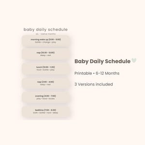 Op de afbeelding: Een afdrukbaar dagelijks schema voor baby's van 6-12 maanden, met een crèmekleurige achtergrond. Het schema bevat tijden voor wakker worden, dutjes, lunch, avond en bedtijd. De tekst "Baby Daily Schedule" wordt vet weergegeven.