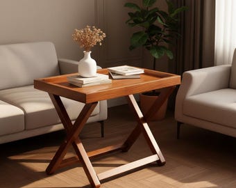 Mesita auxiliar plegable de madera marrón para un interior moderno y acogedor.