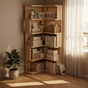 Op de afbeelding: Een lichtgekleurde houten hoekboekenkast gevuld met boeken, dozen en decoratieve items. De planken zijn in een zigzagpatroon gerangschikt, waardoor de opslagruimte wordt gemaximaliseerd. Een potplant staat op de voorgrond en voegt een vleugje natuur toe.