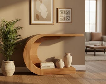Mesa consola curvada con acabado en madera natural para una decoración minimalista y escandinava.