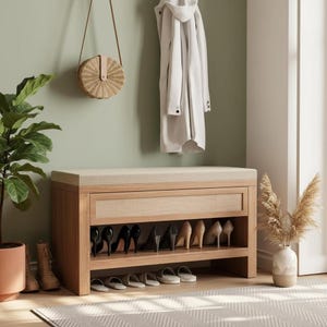 Modern Shoe Storage Bench in Light Wood for Entryway Organization and Minimalist Decor