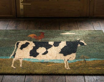 Felpudo de arte popular con vaca y gallo, alfombra de entrada de estilo rústico, alfombra de suelo de estilo campestre vintage.