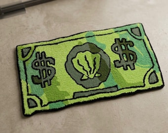 Alfombra con diseño de billetes de dólar, felpudo con mechones y logotipo de concha, decoración urbana para el hogar, alfombra de dormitorio con estética Hypebeast, felpudo de bienvenida hecho a mano