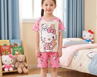 Hello Kitty Short Satin Pajamas, Pink Cartoon Pajama Set, Summer Satin Pajama Shorts Set, Girls Pajamas Set, Family Matching, Birthday Gift