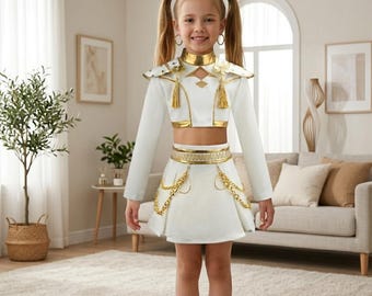 KPop Demon Hunters Kids Dress, Cute KPop Super Girls Outfit, Kpop Clothes, Kids KPop Demon Hunter Group White & Gold Dress