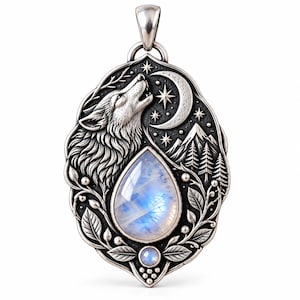 May include: An oval silver pendant featuring a relief of a wolf howling at a crescent moon and stars above a mountain range and pine trees. A large pear-shaped moonstone sits in the center, with a small round moonstone at the base.