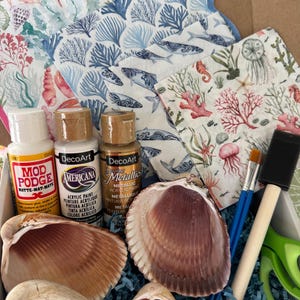 May include: A craft kit with seashells, paint, Mod Podge, brushes, and patterned napkins. The napkins feature marine life designs in blue, pink, and white. The kit includes brown and gold acrylic paints and a pair of green scissors.