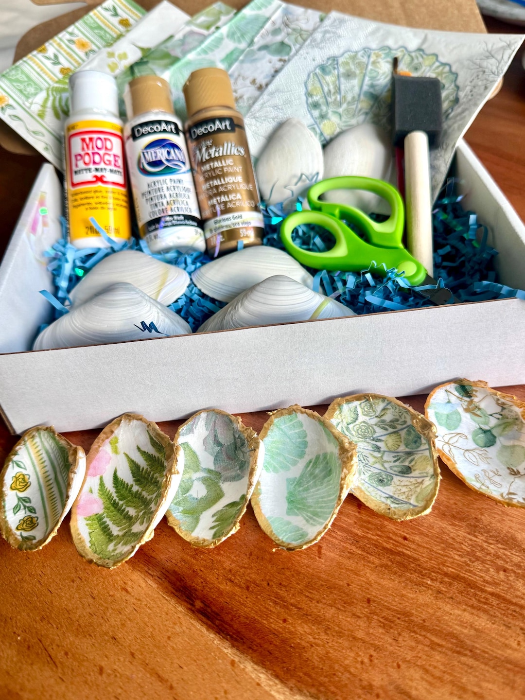 Clam Shell Crafts DIY Clam Shell Craft Kit: Green Decor, Decoupage Napkin Art (6 Shells ...