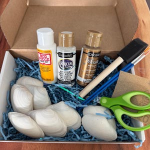 May include: A craft kit in a cardboard box containing white seashells, a bottle of Mod Podge, a bottle of Americana white acrylic paint, a bottle of DecoArt metallic gold paint, a foam brush, two thin paintbrushes, green scissors, and sandpaper.