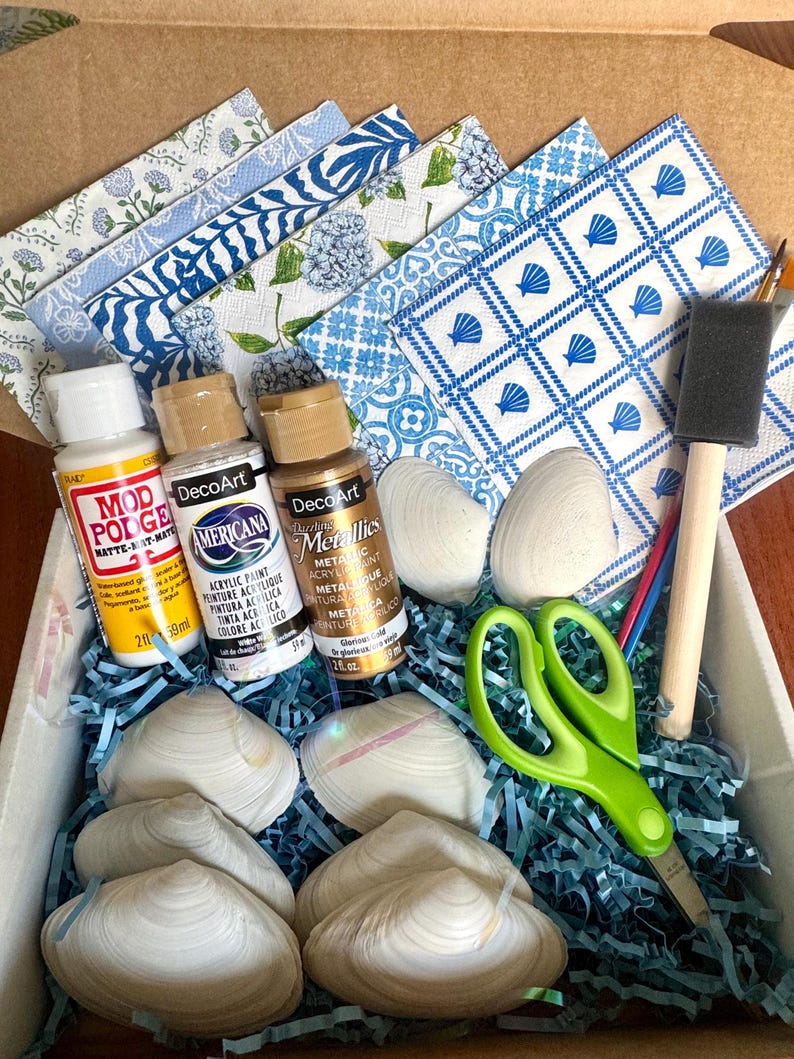 Clam Shell Crafts DIY Clam Shell Craft Kit: Blue Coastal Decor, Decoupage Napkin Art (6 ...