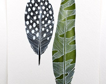 Original Feather Painting Watercolor Art - Modern Decor - Green, Black, White