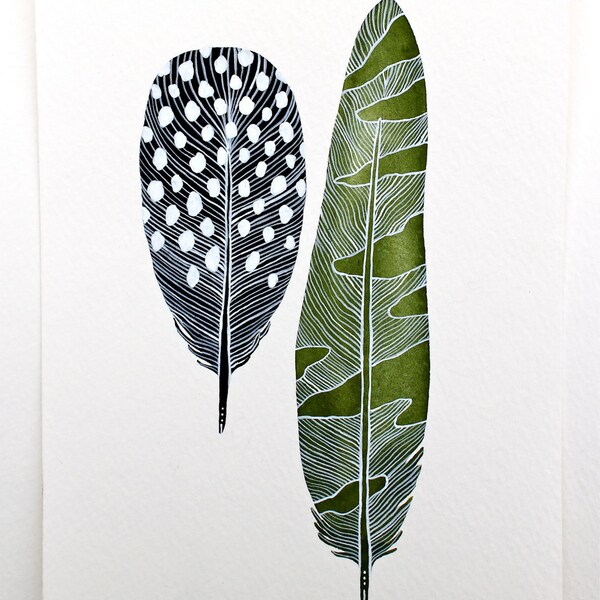 Original Feather Painting Watercolor Art - Modern Decor - Green, Black, White