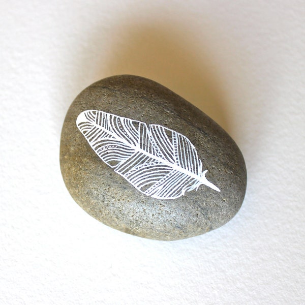 Handpainted Feather Stone - Patterned Feather - Paper Weight