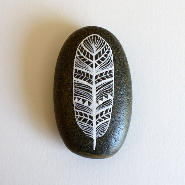 Painted Feather Stone - Handpainted Patterned Feather - River Luna