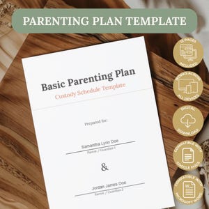 Op de afbeelding: Een wit ouderschapsplan-sjabloon met de tekst Basic Parenting Plan Custody Schedule Template. Het document bevat velden voor Parent/Guardian 1 en 2. Gouden ronde iconen geven 12 pagina's, digitale download en compatibiliteit met Google Docs en Microsoft Word aan.